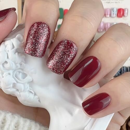Press on Nails Short Square Acrylic Fake Nails with Apricot Wine Red Glitter