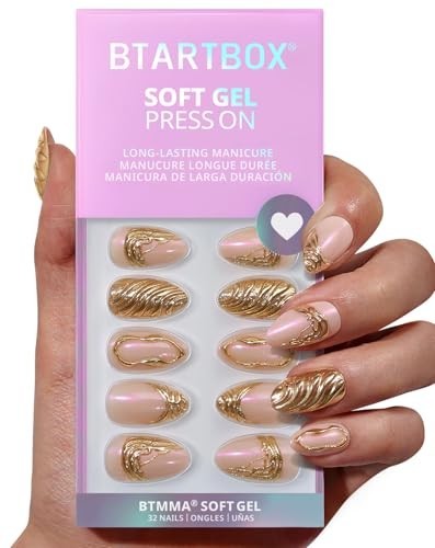 3D Gold Sculpting Almond Press On Nails – Short Opaque Gel Kit, 32 Pieces, 16 Si