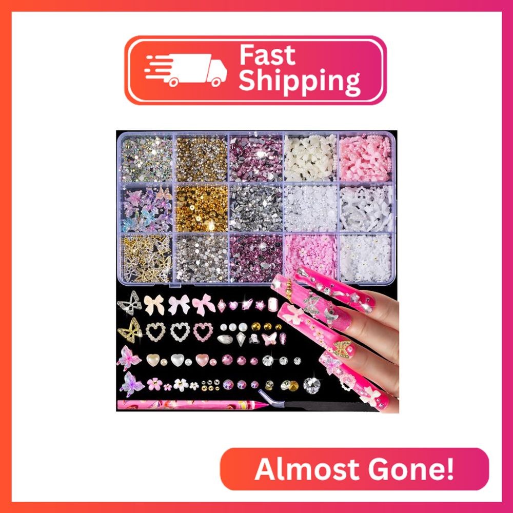 10000pcs Nail Charms and Gems:Pink Cute Bow Heart 3D Flower Charms for Junk Case