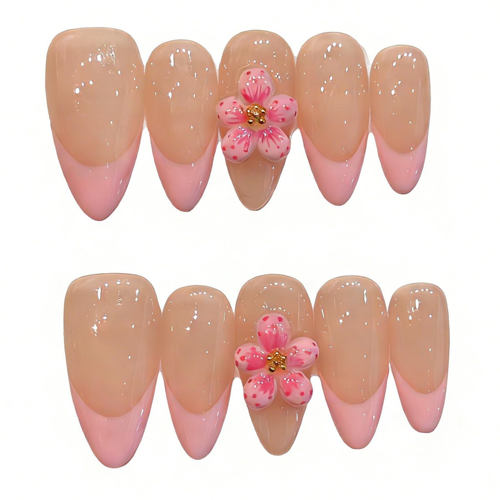3D Almond Pink Press On Nails with Peach Blossom Design – Reusable Acrylic False