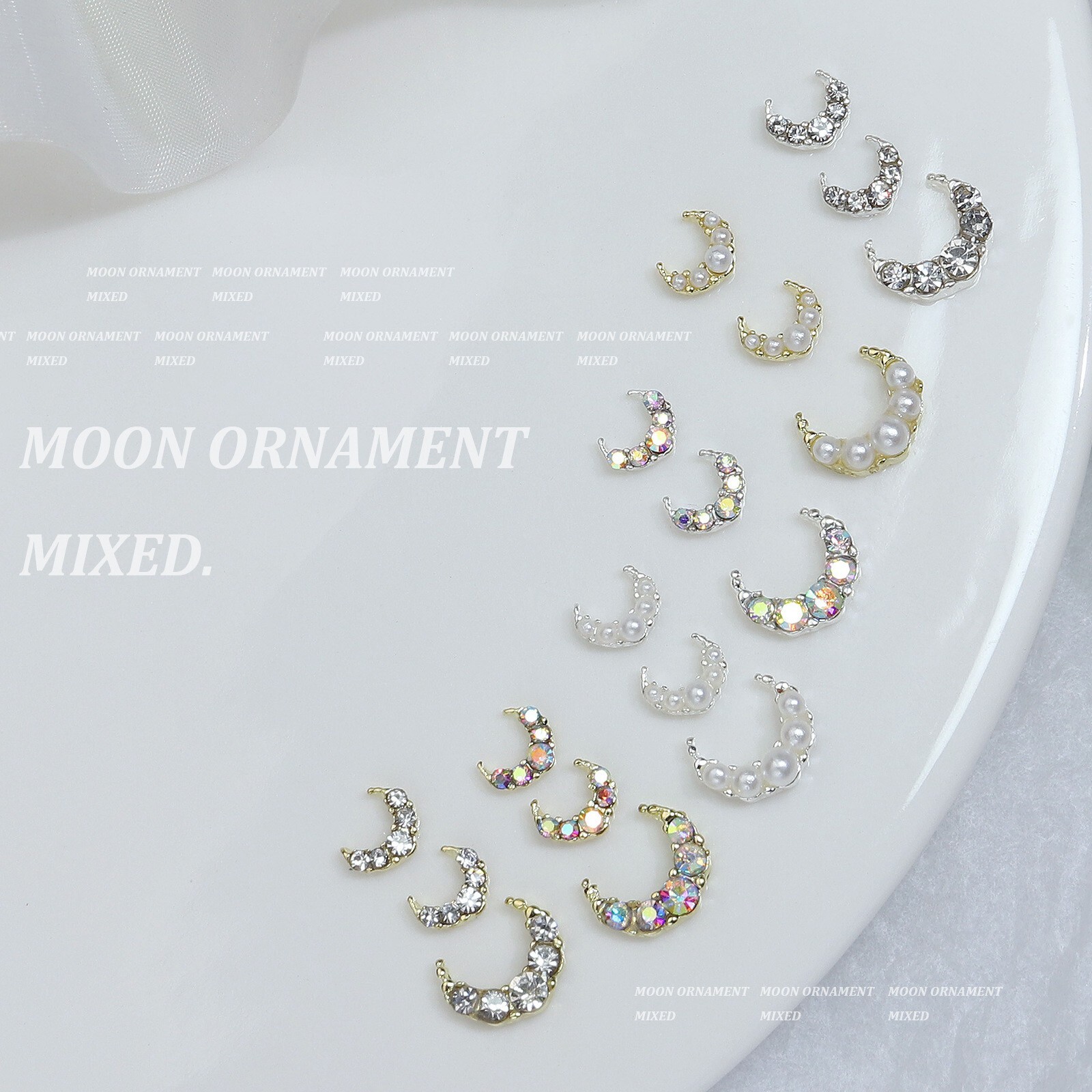 6Grids/Box 18pcs Moon Shape Nail Art Alloy Shiny Rhinestones Nails Decoration