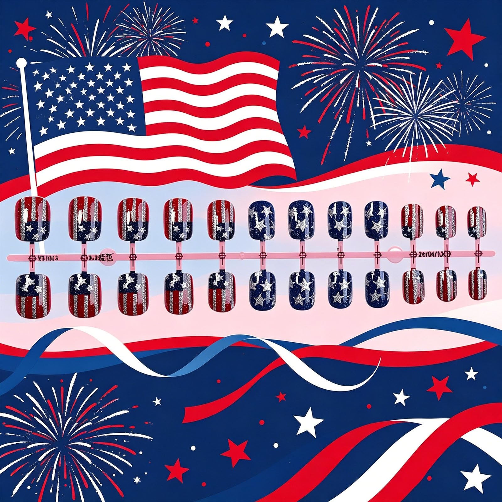 American Flag Fake Nails HZJXRT Short Square Stick on Nail 24 Pcs Independenc…
