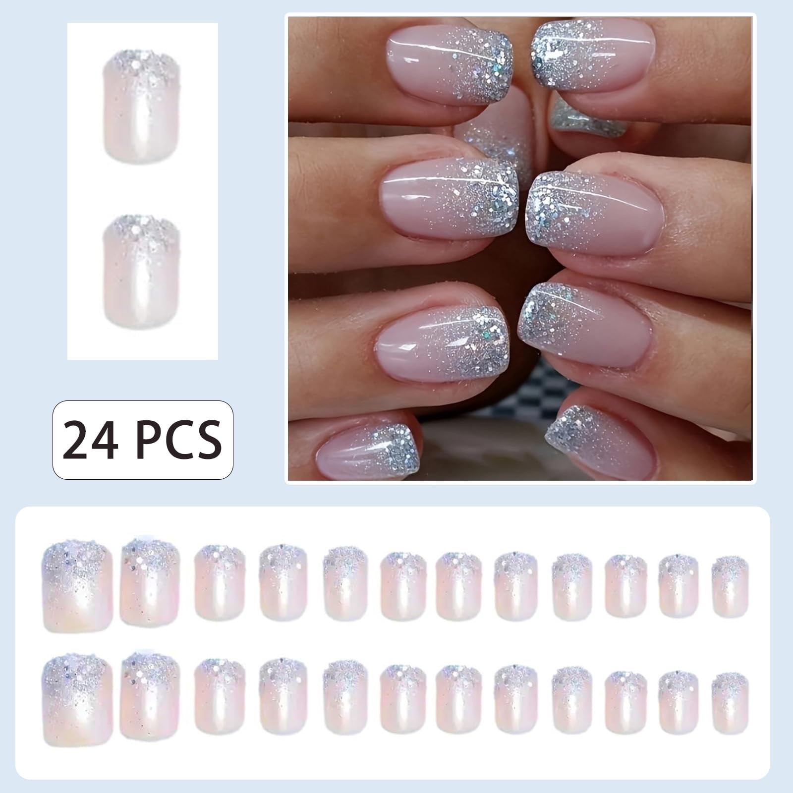 Glitter French Tips Press on Nails Short Square Silver Standard, Multicolor