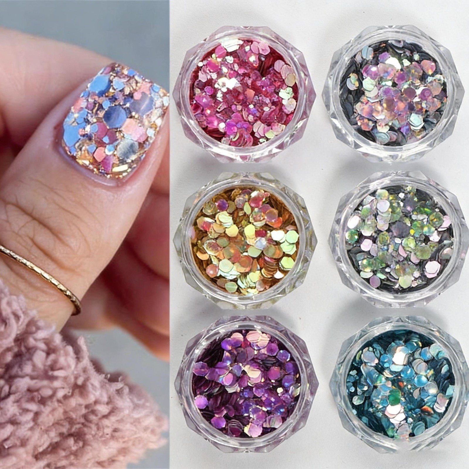 6-Color Japanese Hexagon Nail Sequins, Holographic Iridescent Glitter Flakes DIY