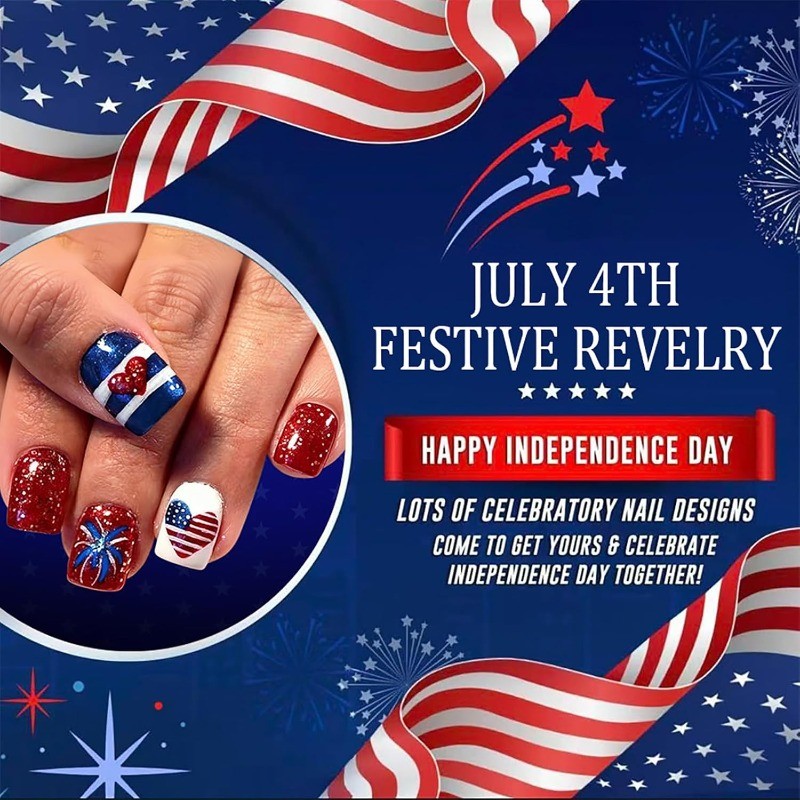 Patriotic Fake Nail with Red Blue White Glitter, Heart Flag and Firework Details