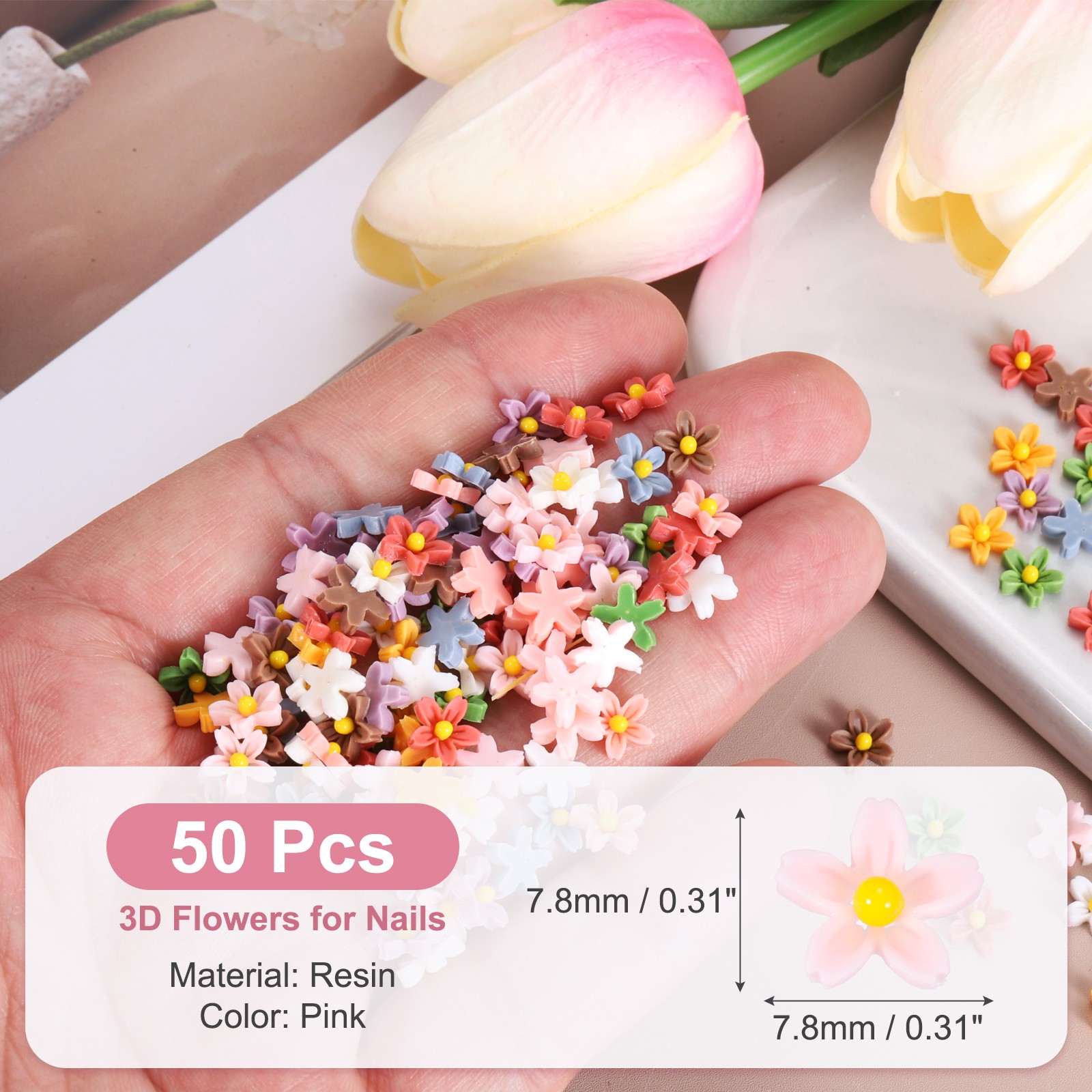 Resin Flowers, Mini 3D Flowers for Nails Tiny Resin 50 Pcs & Pink