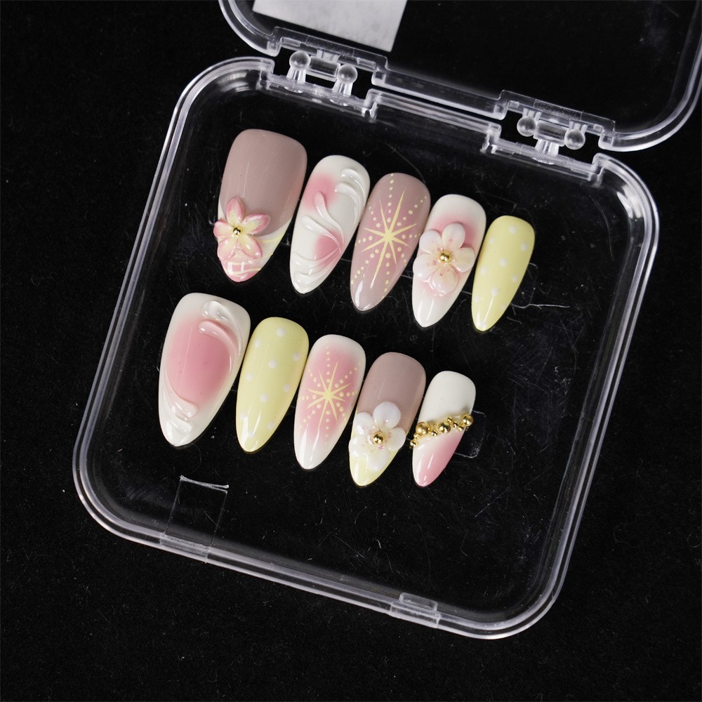 Handmade Pink Yellow Floral Press on Nails Gradient Polka Dot Lovely Fake Nails