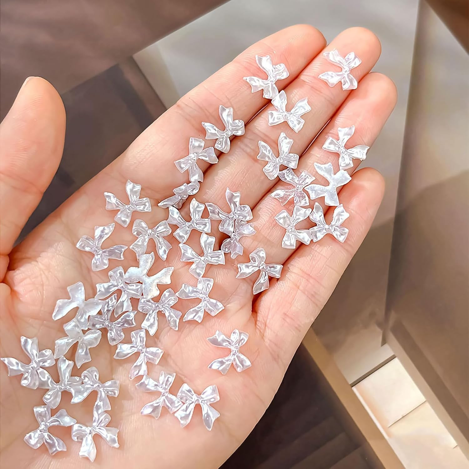 Pearly White 3D Bow Nail Charms, 100 Pieces Resin Bowknot Nail Art Decorations,