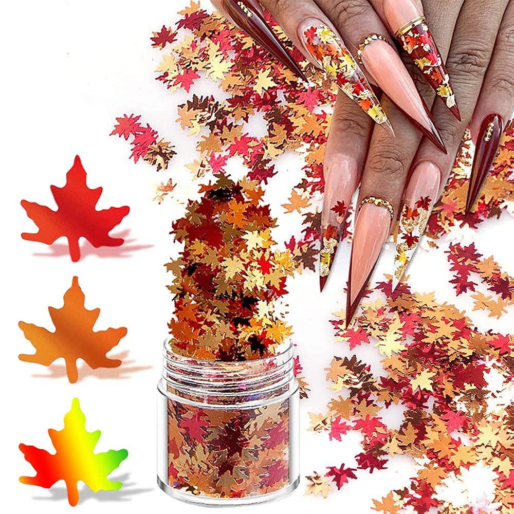 Holographic Glitters Fall Maple Leaf Shaped Nail Art Sequins Flakes 1 Pot, 3D…