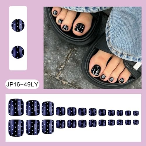 Polka Dot Press On Toenails Black Toe Nail Press Ons Summer Glossy toenais-6