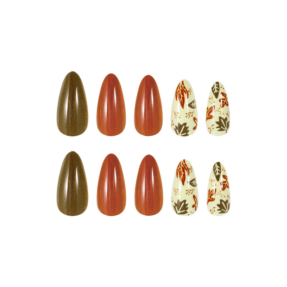 Short Almond Press-On Fake Nail Maple Leafs Thanksgiving Day Fall Manicure 24pcs
