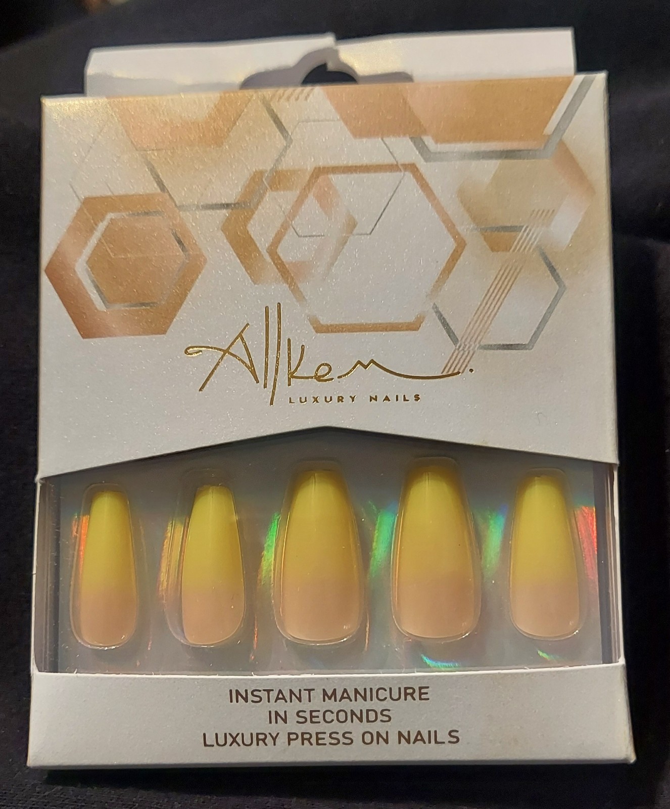 Allkem Coffin Press-On Nails Yellow Nude Ombre Full Cover ABS Plastic