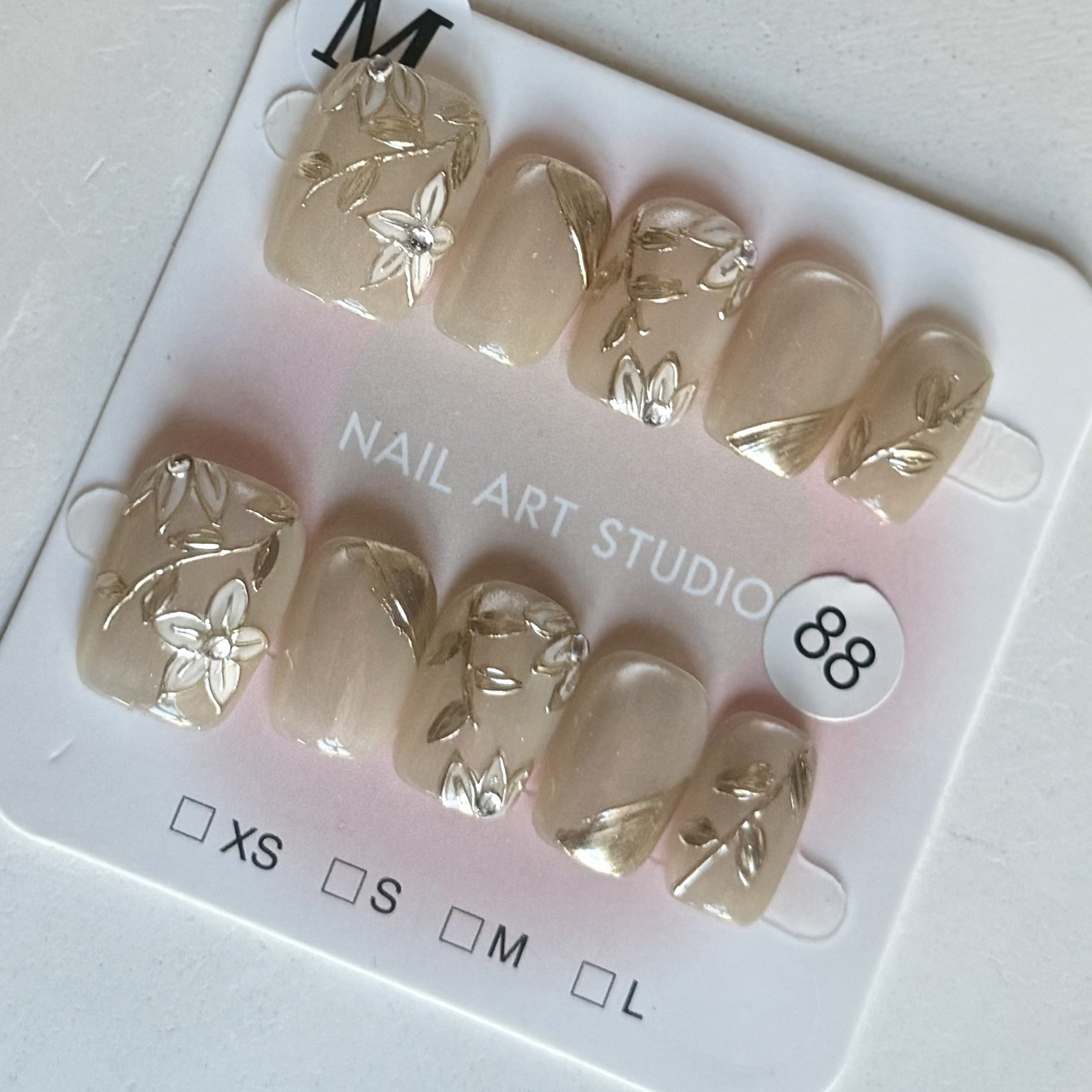 Handmade Pink Cloisonné Press-On Nails Short Square Size M Reusable Fake Nails