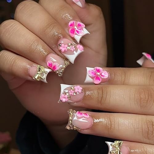 HOSAILY 3D Hot Pink Flower Summer Beach Press on Nails Short Pink Flower Duck