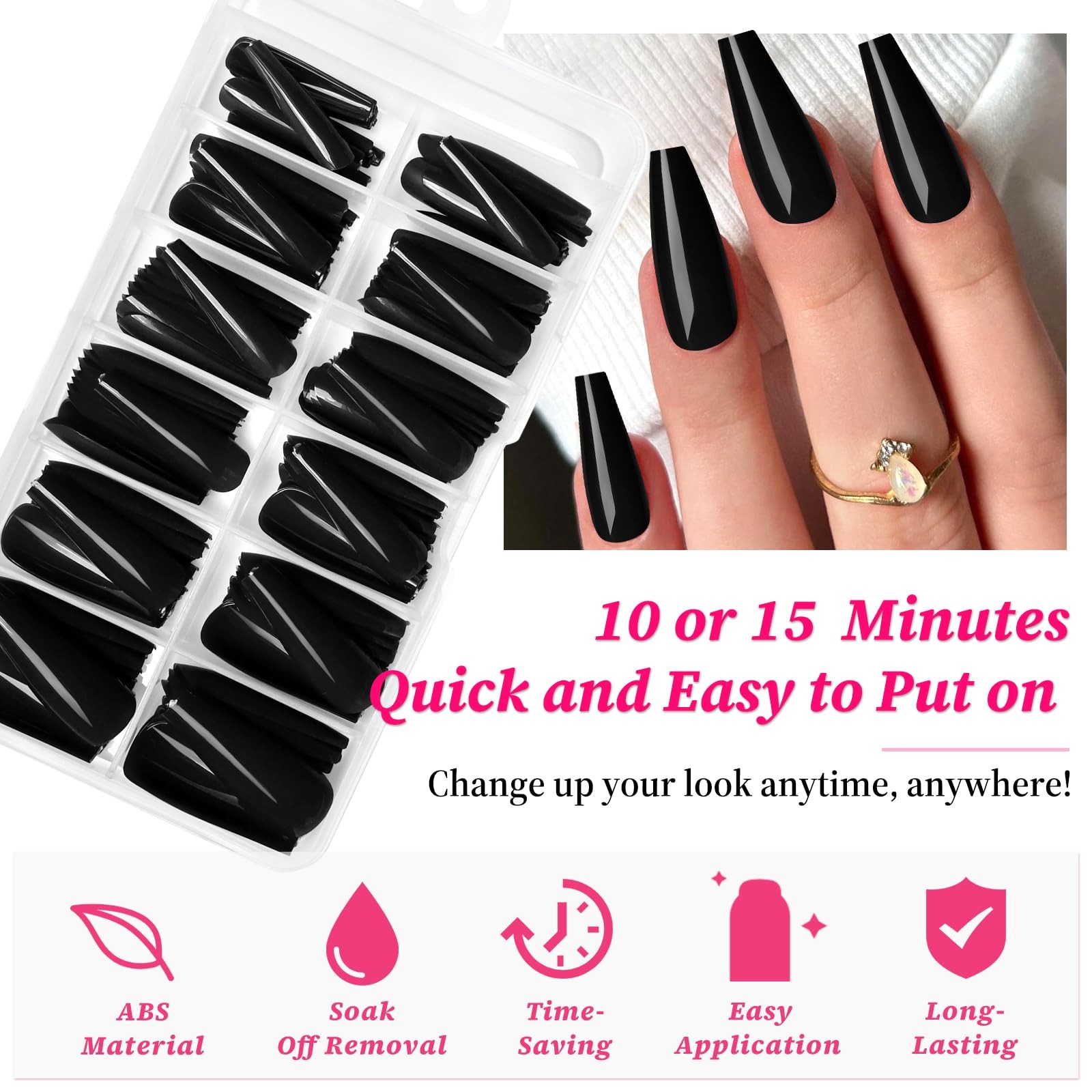 100pc Colored Coffin Press on Nails Long 100 Piece Assortment, Black