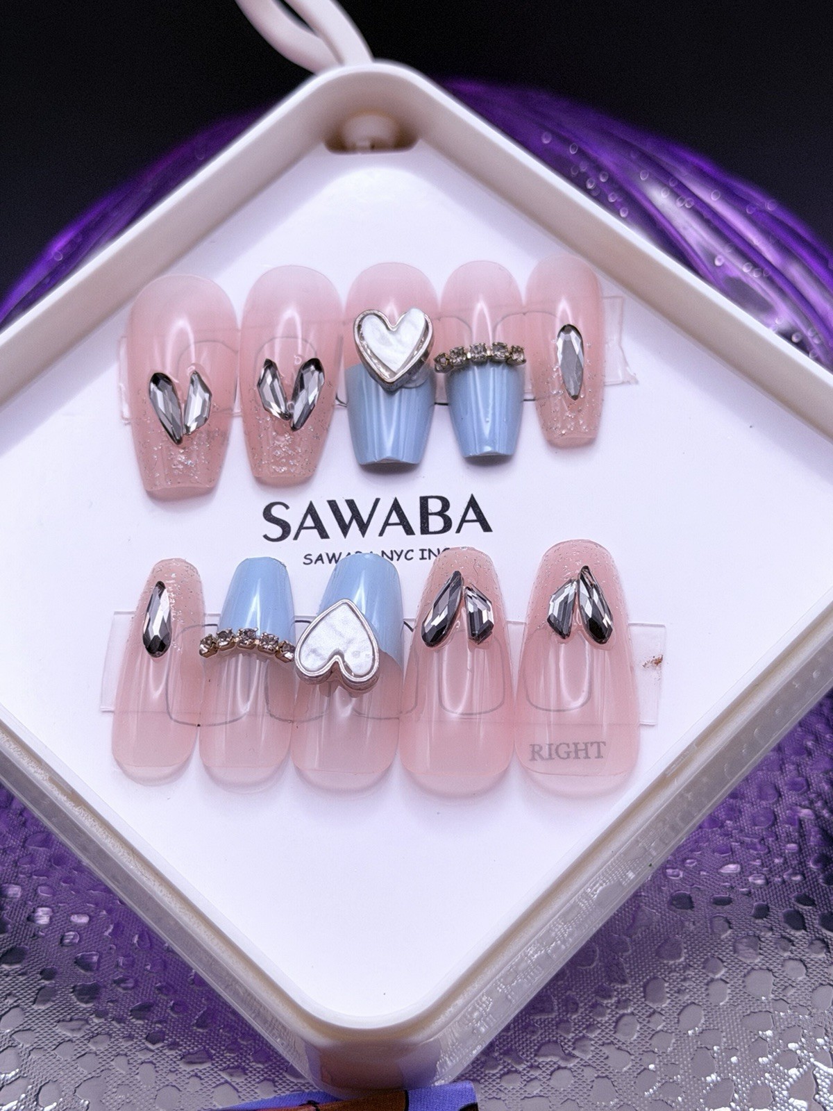 24 PCs Handmade Medium Length Coffin Nails Nude Pink Blue French, 3D Heart Charm