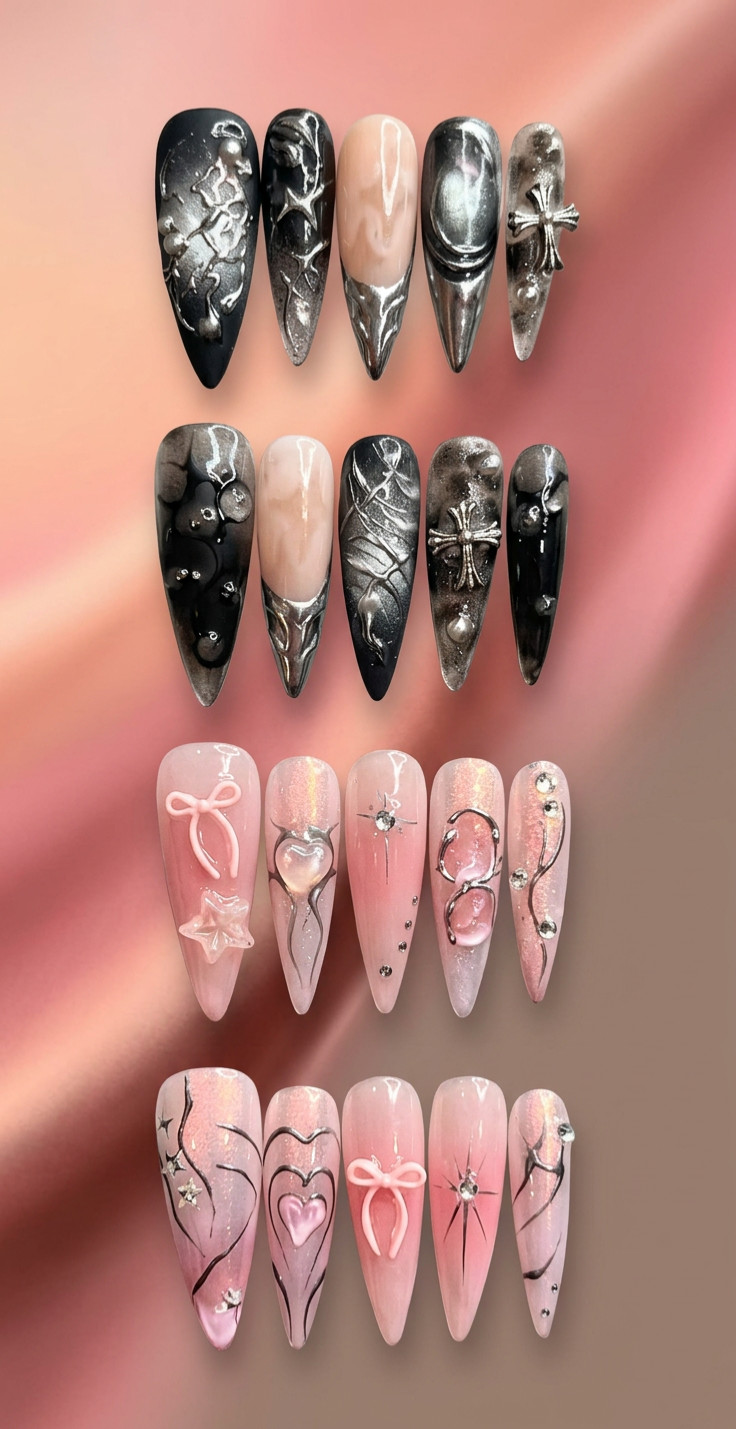 2 sets of Black Metallic Coffin Press On Nails 3D Silver Cross Hardware Gothic