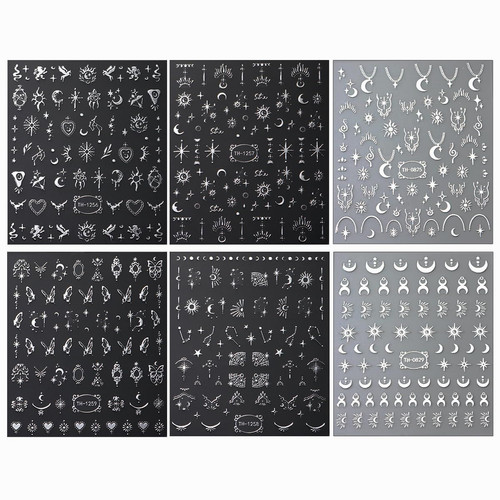 6 Sheets Metallic Nail Art Stickers Decals-3D Self-Adhesive Sun Stars Silver
