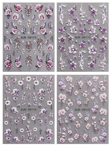 3D Embossed Flower Nail Art Stickers Decals Self-Adhesive 5D Spring Summer