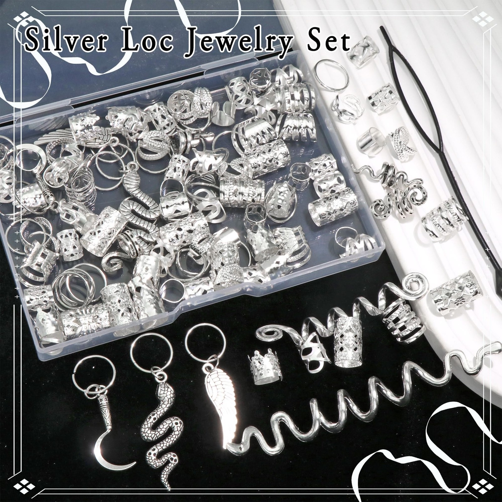 122PCS Silver Hair Jewelry Snake Loc Charms Braids Clips Multi Style Hair Cuf…