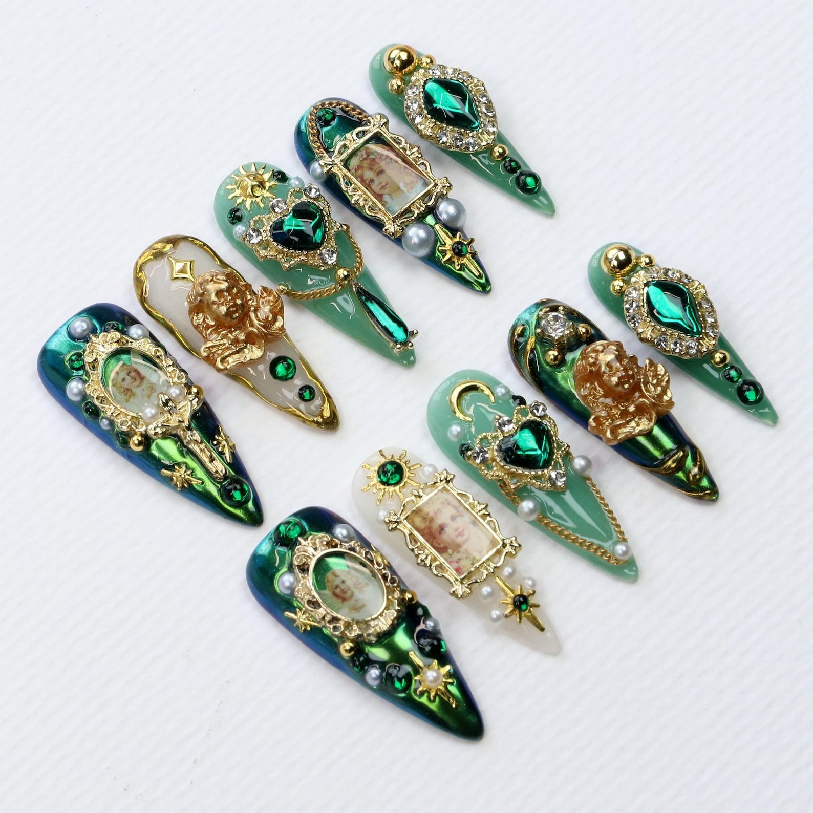 Handmade Vintage Angel Portrait Emerald Rhinestone Pearl Stiletto Press on Nails