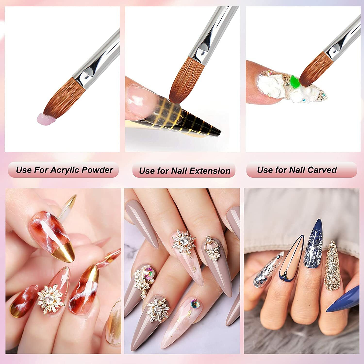 Kolinsky Acrylic Nail Brush Crimped Metal With Cap Size 6-20 Ships From The US