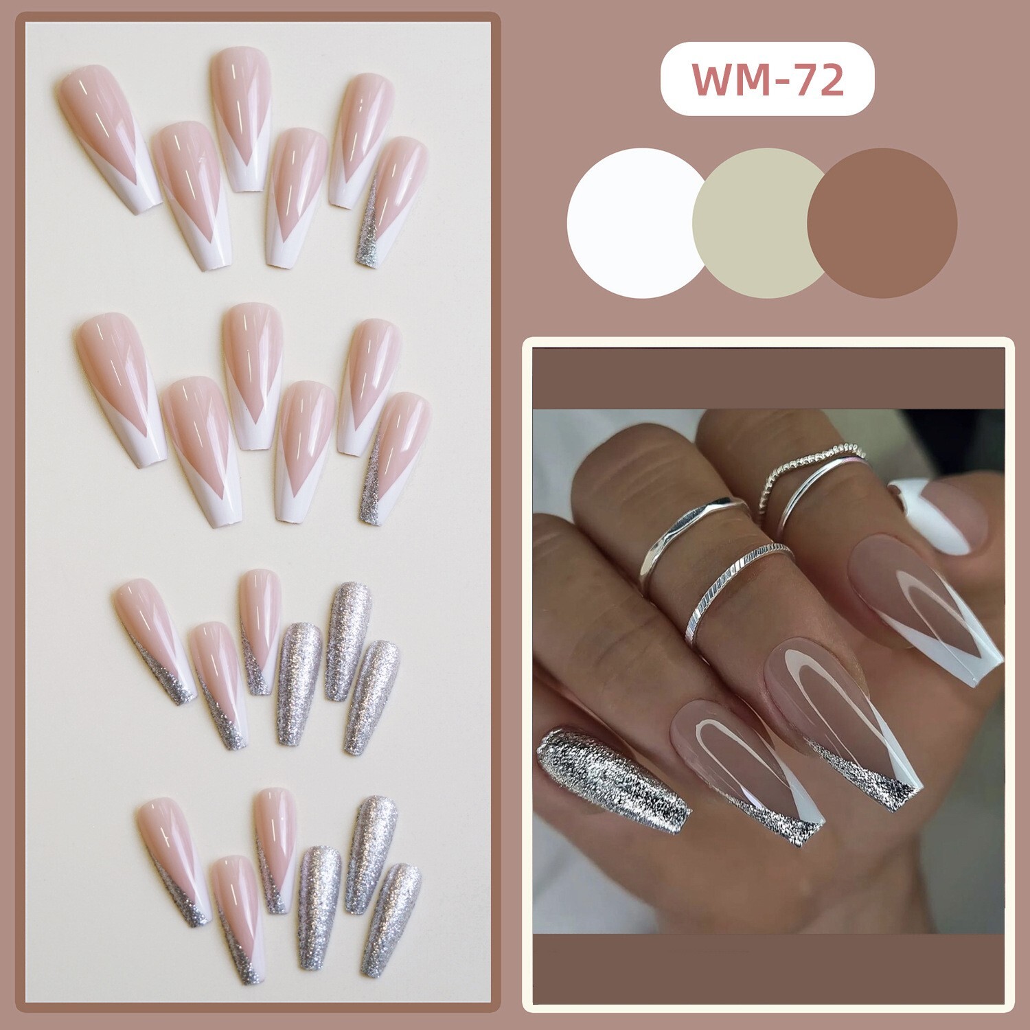 New Year French white silver reusable wear nail 24 pieces（glue included)