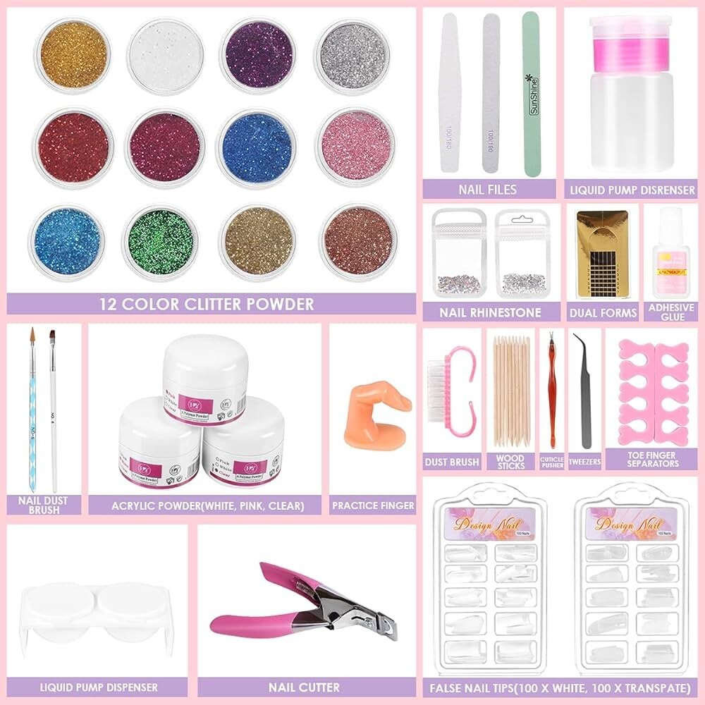 Acrylic Nail Kit Glitter Ez Flow Acrylic Powder Art Manicure Tool Tips Brush Set