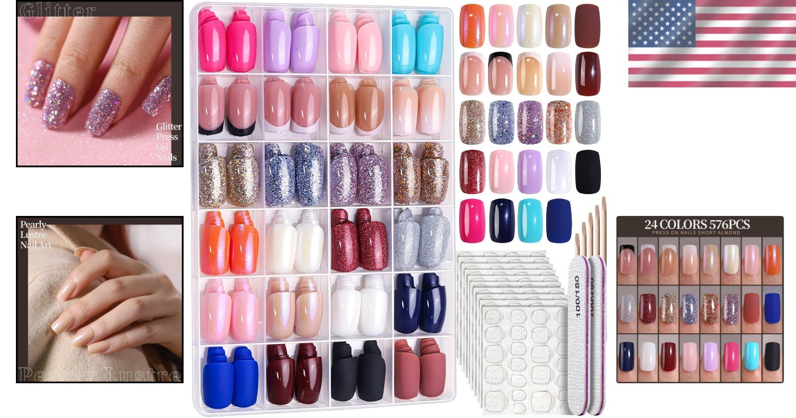 Variety Press On Nails Set 576 PCS in 24 Colors Glossy Matte and French Designs