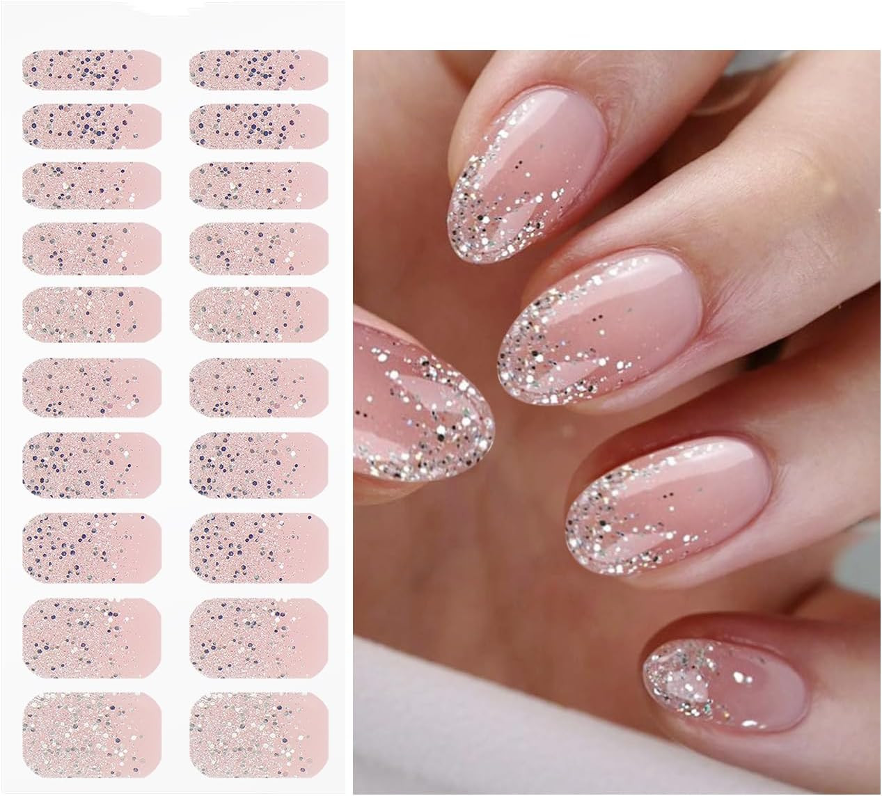 JMEOWIO Gel Nail Stickers Glitter Light Pink Cured Gel Nail Strips Wraps UV/LED