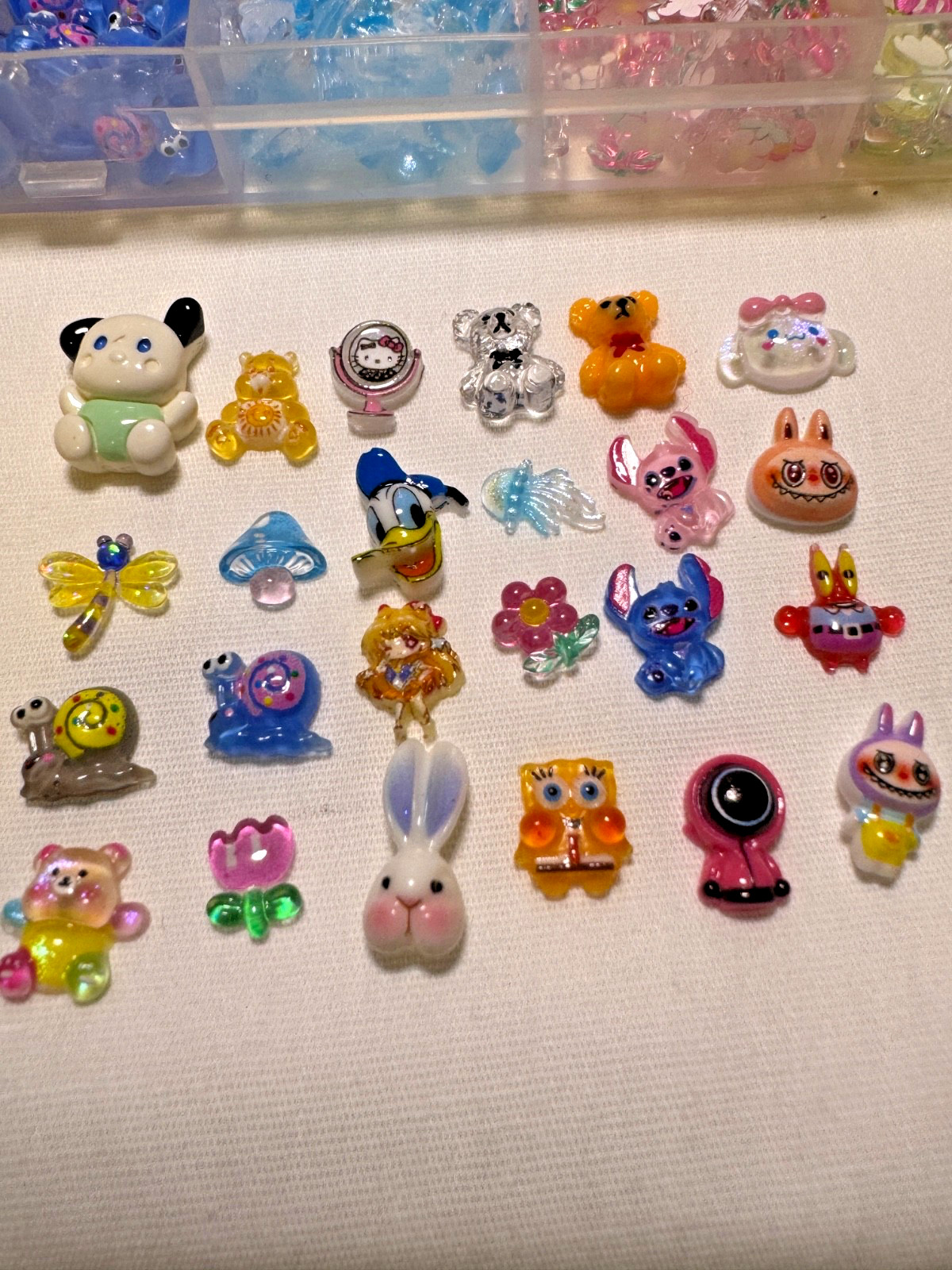 HUGE lot of Nail Charms!! Storage Boxes included! Labubu Stitch Pooh SpongeBob
