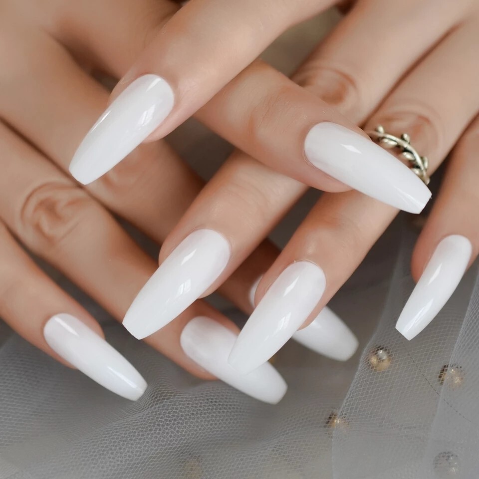 24 Milky white Press on nails kit glue extra long coffin