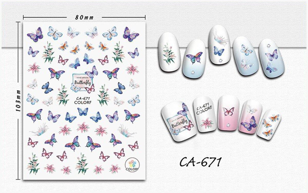 Nail art 3D stickers decal blue pink rainbow butterflies pink white lilies CA671