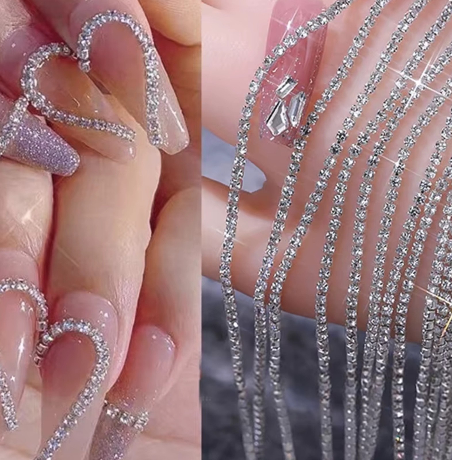 AB Crystal Nail Jewelry Nail Rhinestone Chain Pearl Diamond 3D Metal Silver 25cm