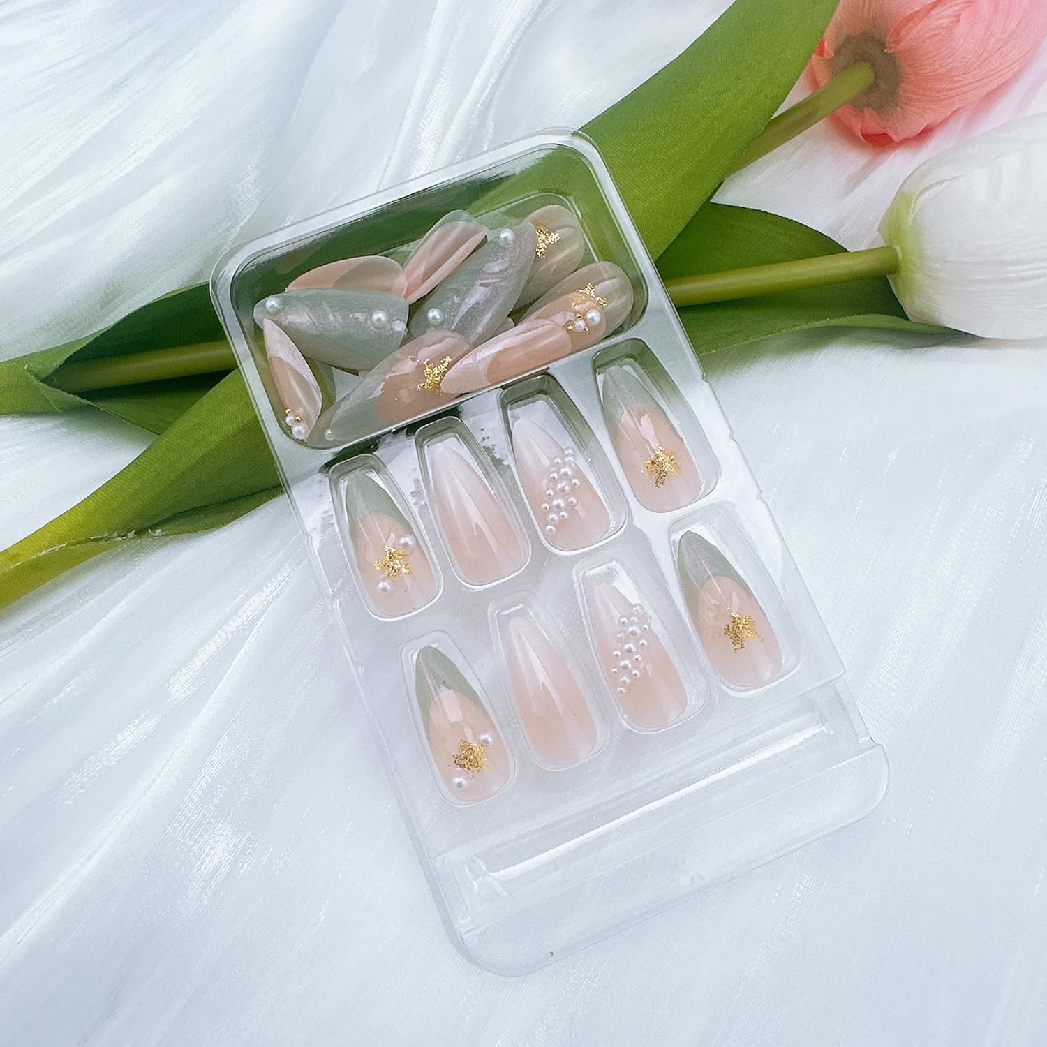 24Pcs Summer Press-on Nails Medium Almond False Nails with 3D Pearl Seashell …