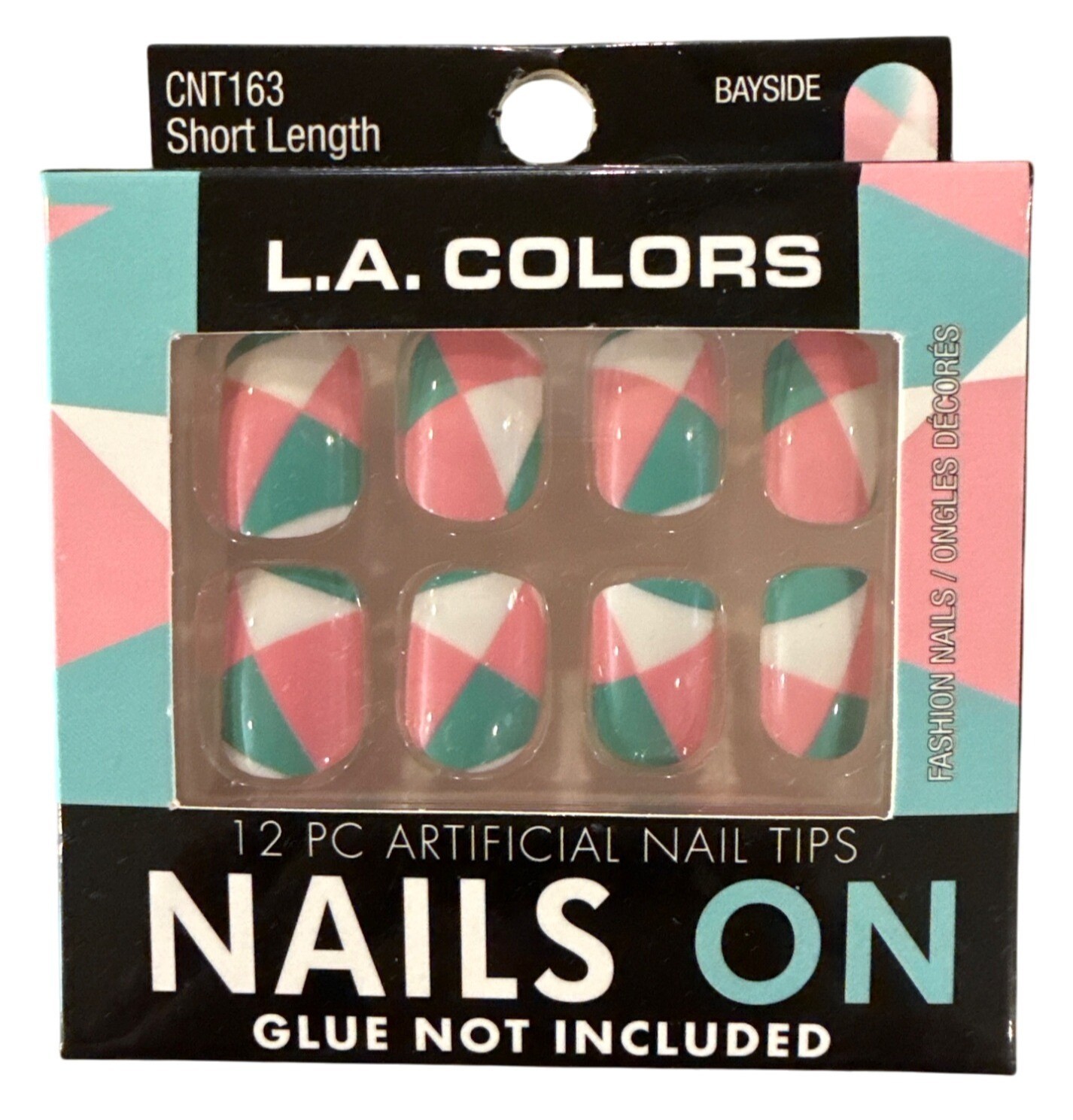 L.A. Colors NAILS ON 12 Nails BAYSIDE Short Square Glossy Pink+Teal GEOMETRIC