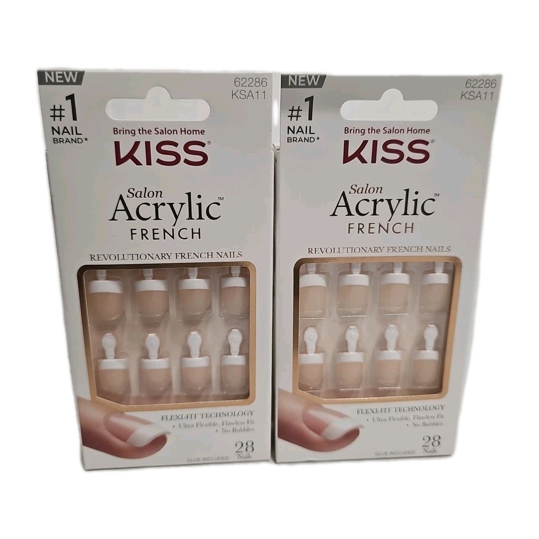 2 Pack- Kiss Salon Acrylic French RS Real Short 28ct Glue On Flexi-Fit New