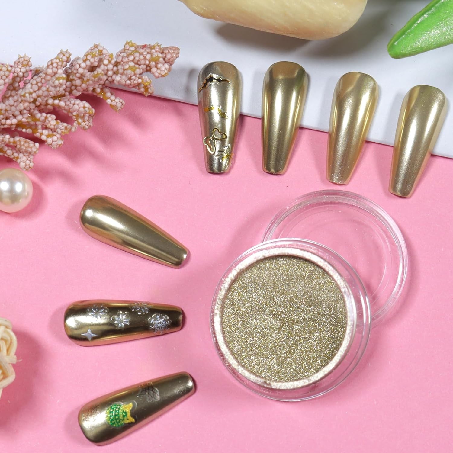 Chrome Nail Powder Champagne Gold Metallic Mirror Effect Glitter Dust for Gel