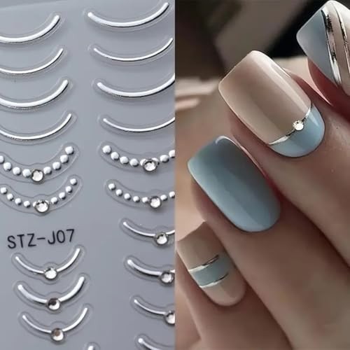 French Line Nail Art Stickers Decals 5D Embossed French Tip silver french line