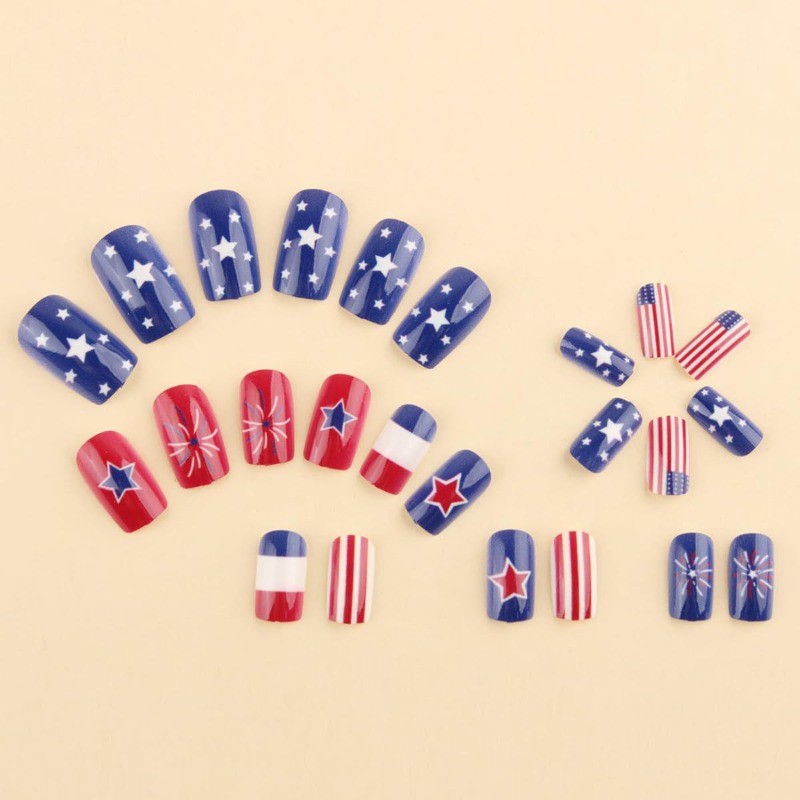 48pcs-Patriotic Fake Nails with Red, White & Blue Stars, Stripes and Fireworks