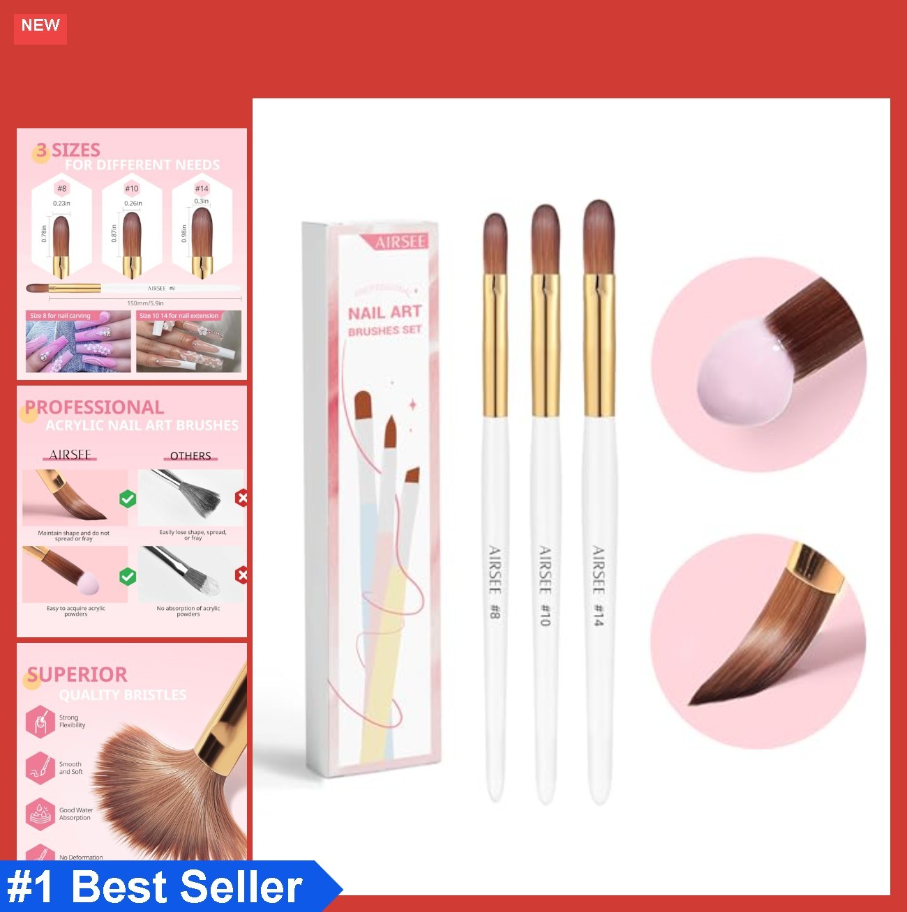 Acrylic Nail Brush Set 3 Sizes 8 10 14 Nylon Bristles for Acrylic Powder Nail