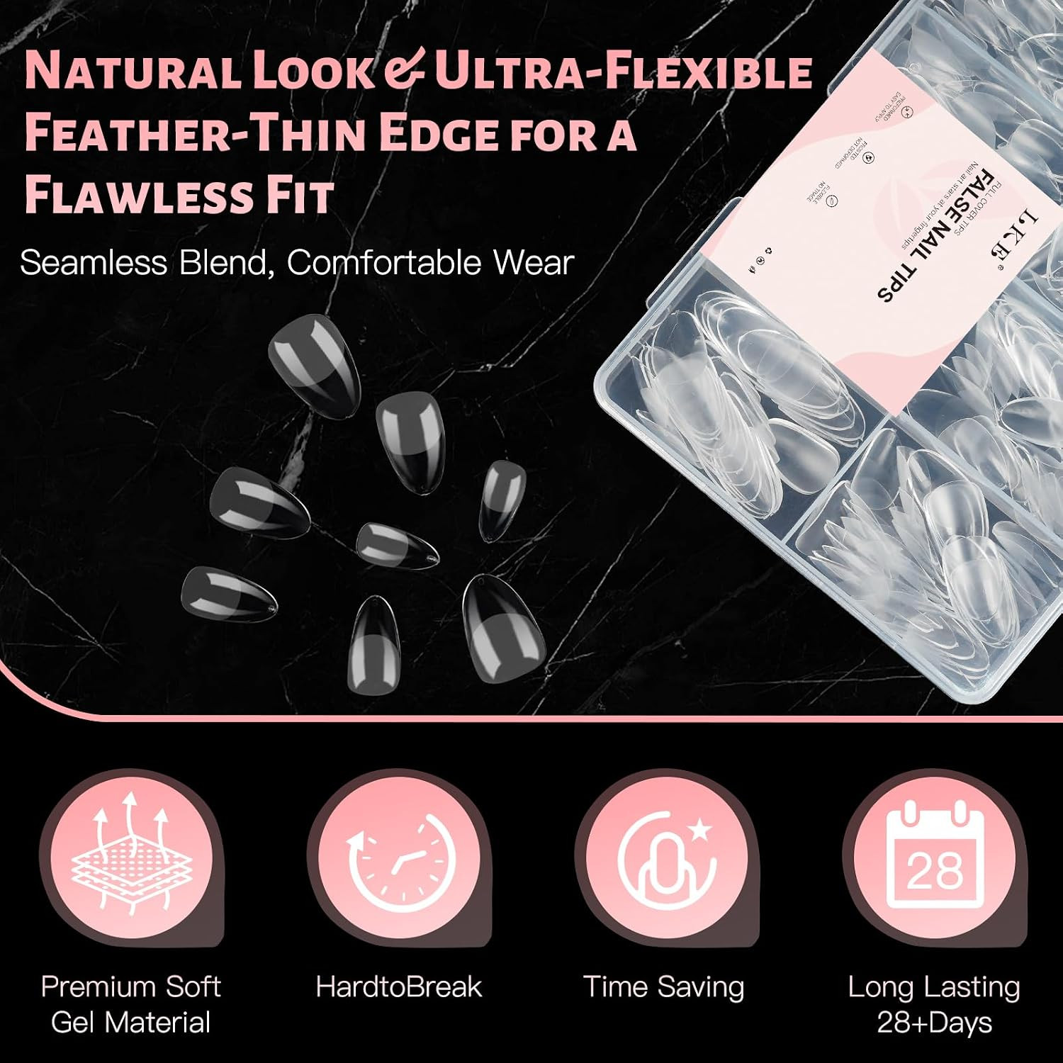 Medium Almond Gel Nail Tips, 240Pcs Pre Etched Clear Fake Nails Tips Almond Shap
