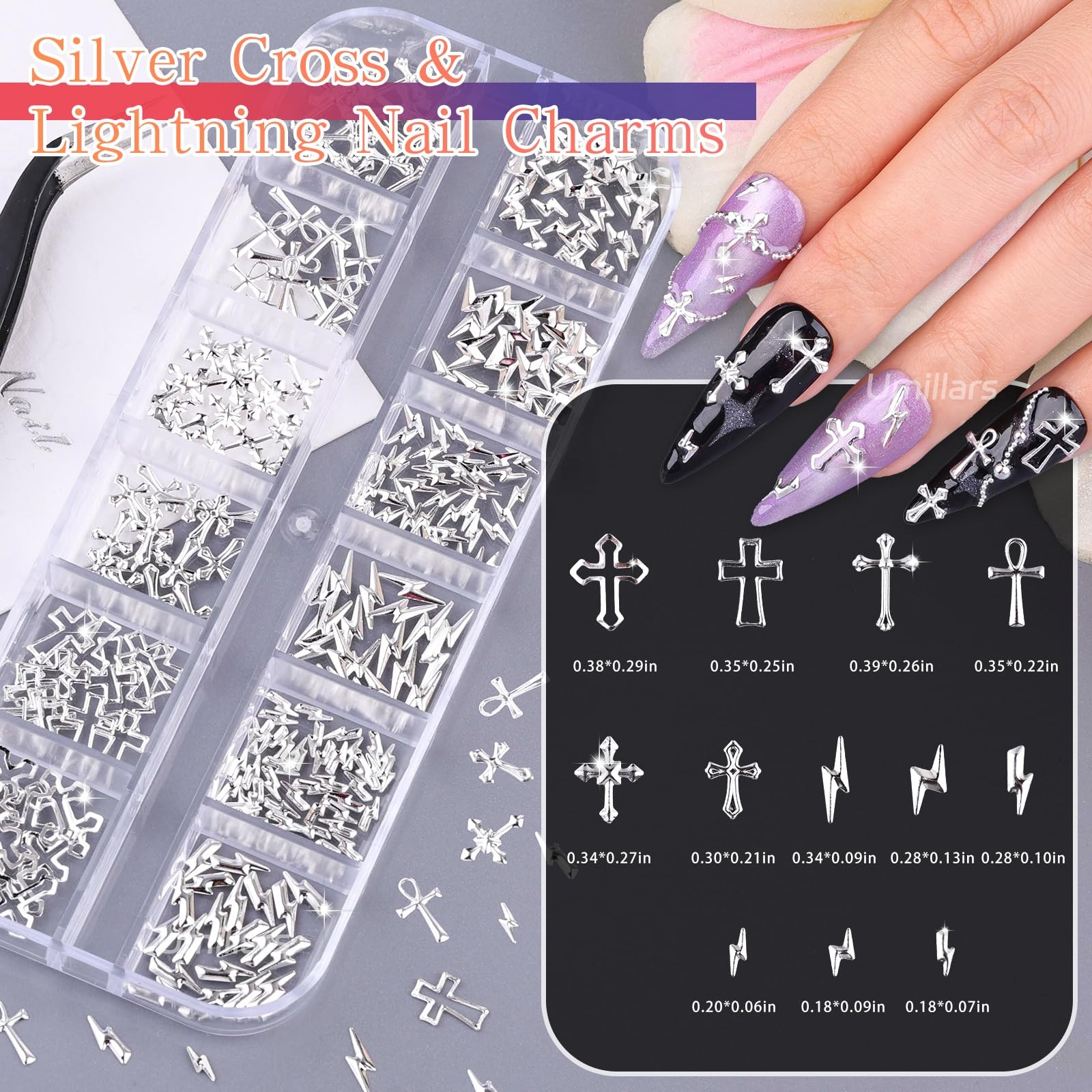 6 Boxes Silver Nail Charms with Nail Pearls, 3D Star Cross Nail Art Studs Met…
