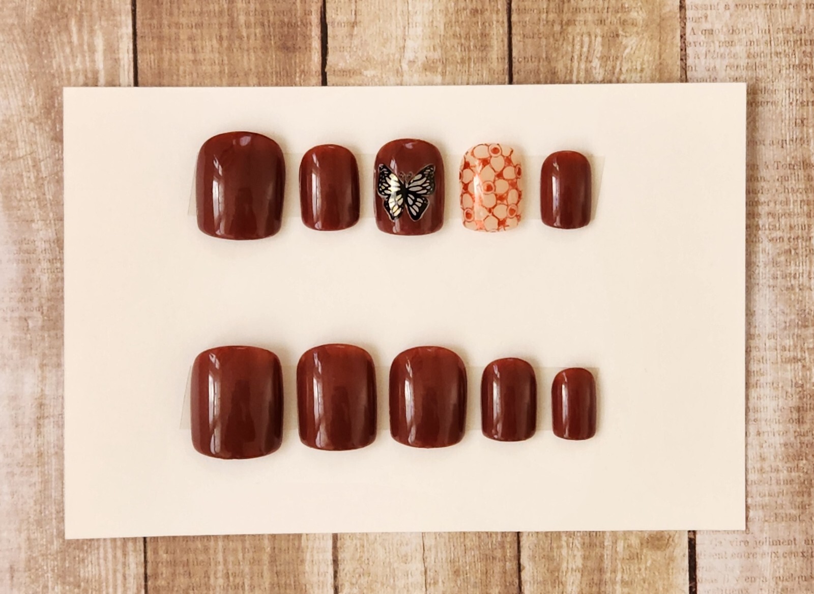 Custom Press On Handmade Gel Nails Copper Butterfly Accent Square Short 20 Tips