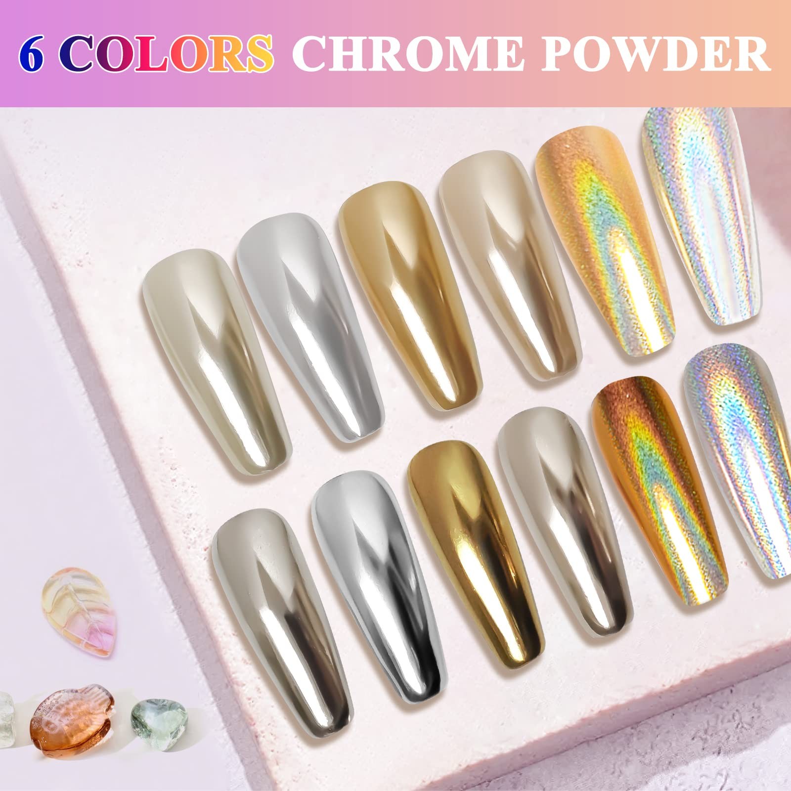 Gold Silver Chrome Nail Powder, 6 Colors Holographic Unicorn Iridescent Nail …