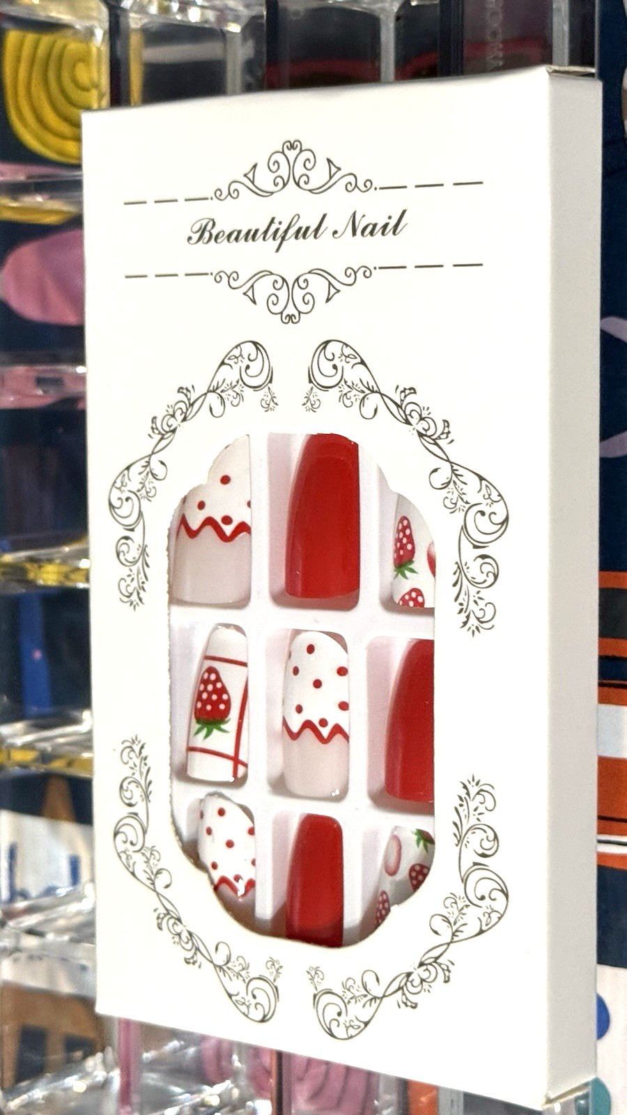 Beautiful Nail STRAWBERRY POLKA DOT FRENCH Press On Mani Short Round *NEW BOXED*