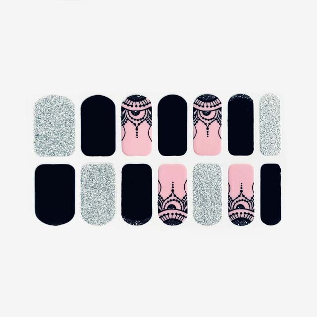 Pink Black Silver Medallion Nail Stickers, Mandala Nail Strips, DIY Home Mani