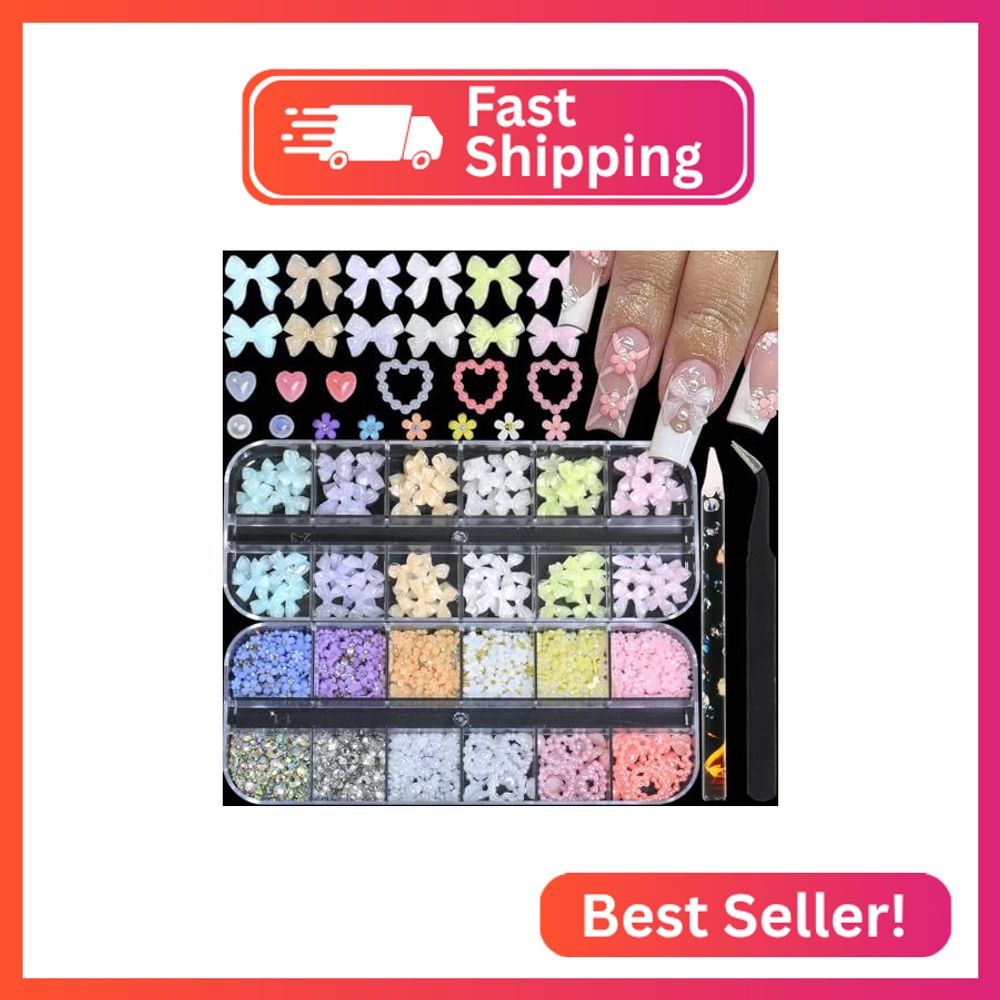 Bow Nail Charms – Multiple Colors, Bow-Knot, Bear, Flower, Pearls, Flat Back Rhi