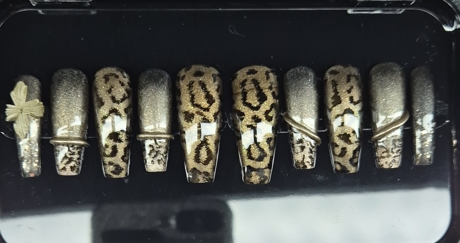Gold Black Glitter Leopard Coffin Press-On Nails Pre-Designed Full Cover