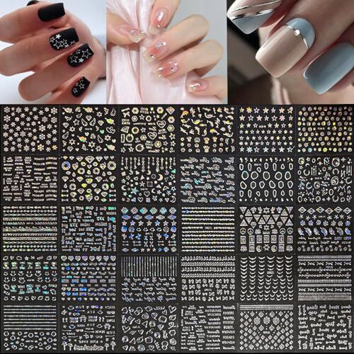 30 Sheets Silver Nail Art Stickers Aurora Silver Star Moon Nail Decals 3D Self